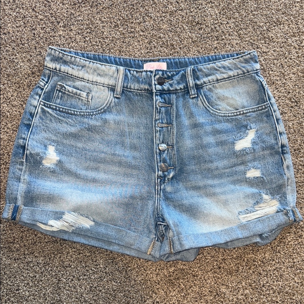 Pink Lily Blue Distressed Jean Shorts Mid-Rise